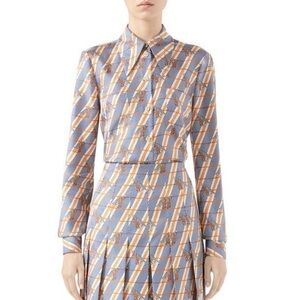 Gucci Silk Heritage Giraffe Twill Long Sleeve Button Up Blouse Italy Size 40